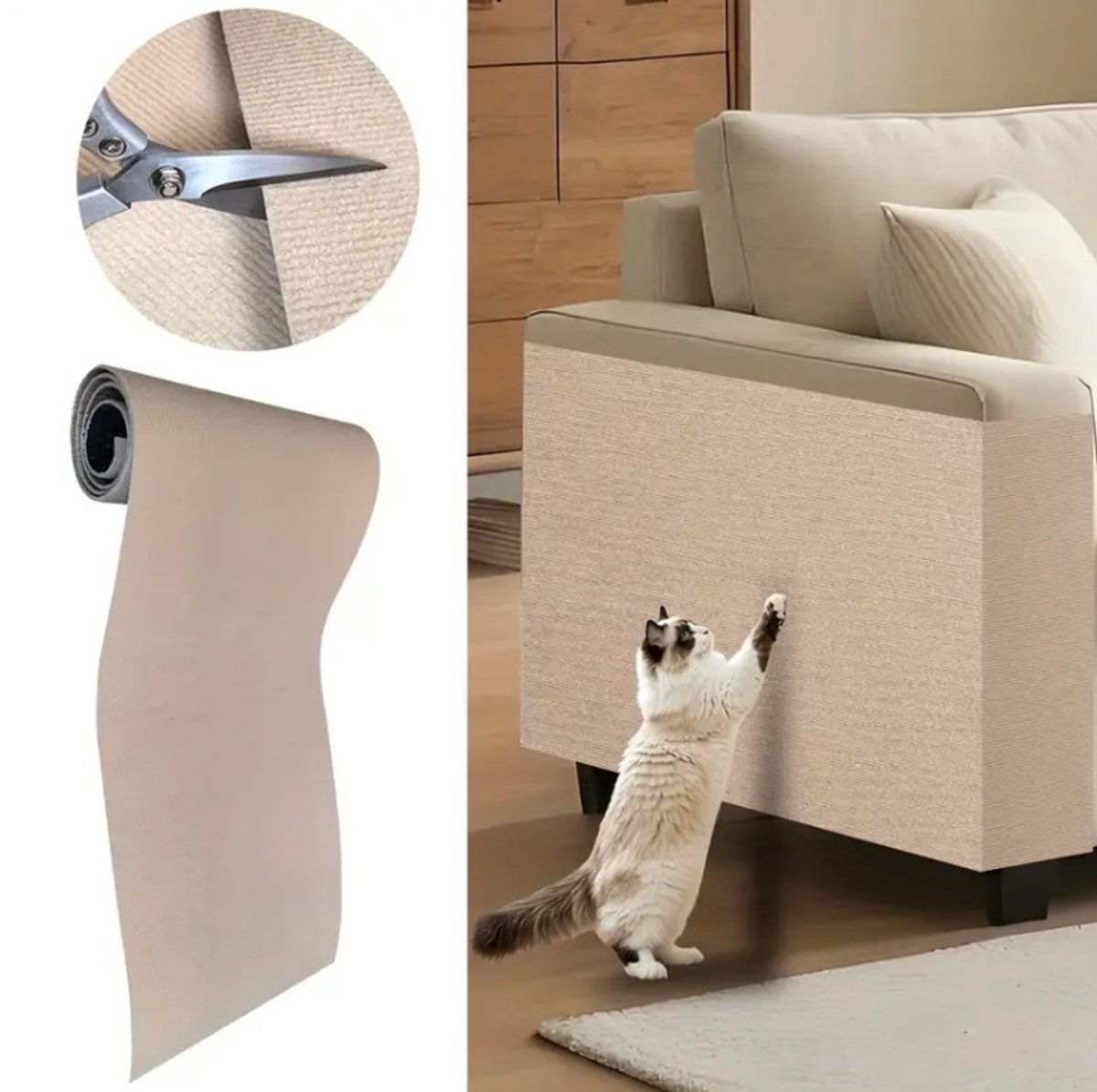 Krabmat voor katten, zelfklevende krabmat voor katten, geschikt voor banken, doe-het-zelf anti-krab bankbeschermer, beschermfolie, beschermsticker, bescherm je meubels,Khaki,300*30cm