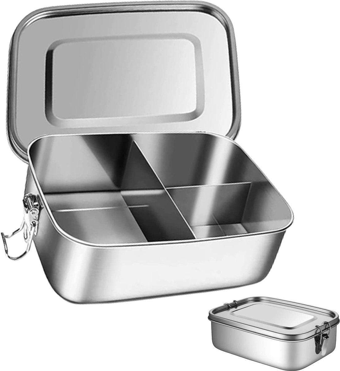 Dailygoods- Lunchbox Lekvrij - Roestvrij Stalen Bentobox - 3 Vakken - 1 Liter - 16,8 x 13,6 x 6,2 cm - Siliconen Afdichting - Bento Box