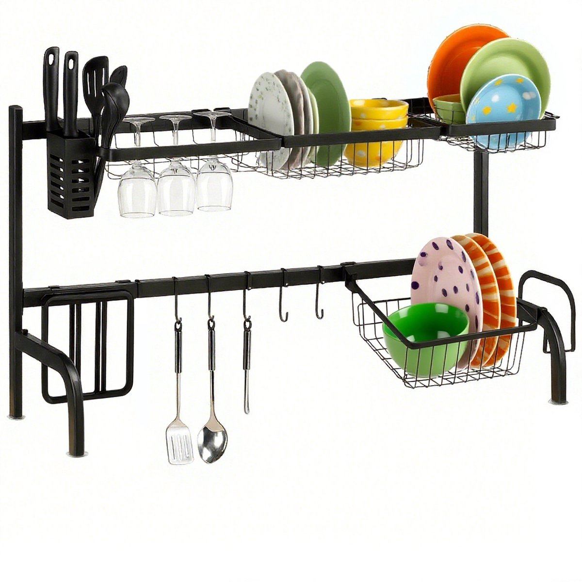 Afdruiprek met twee lagen - Haken en lekbak- Staal - Zwart-51-93 cm-Voor de keuken