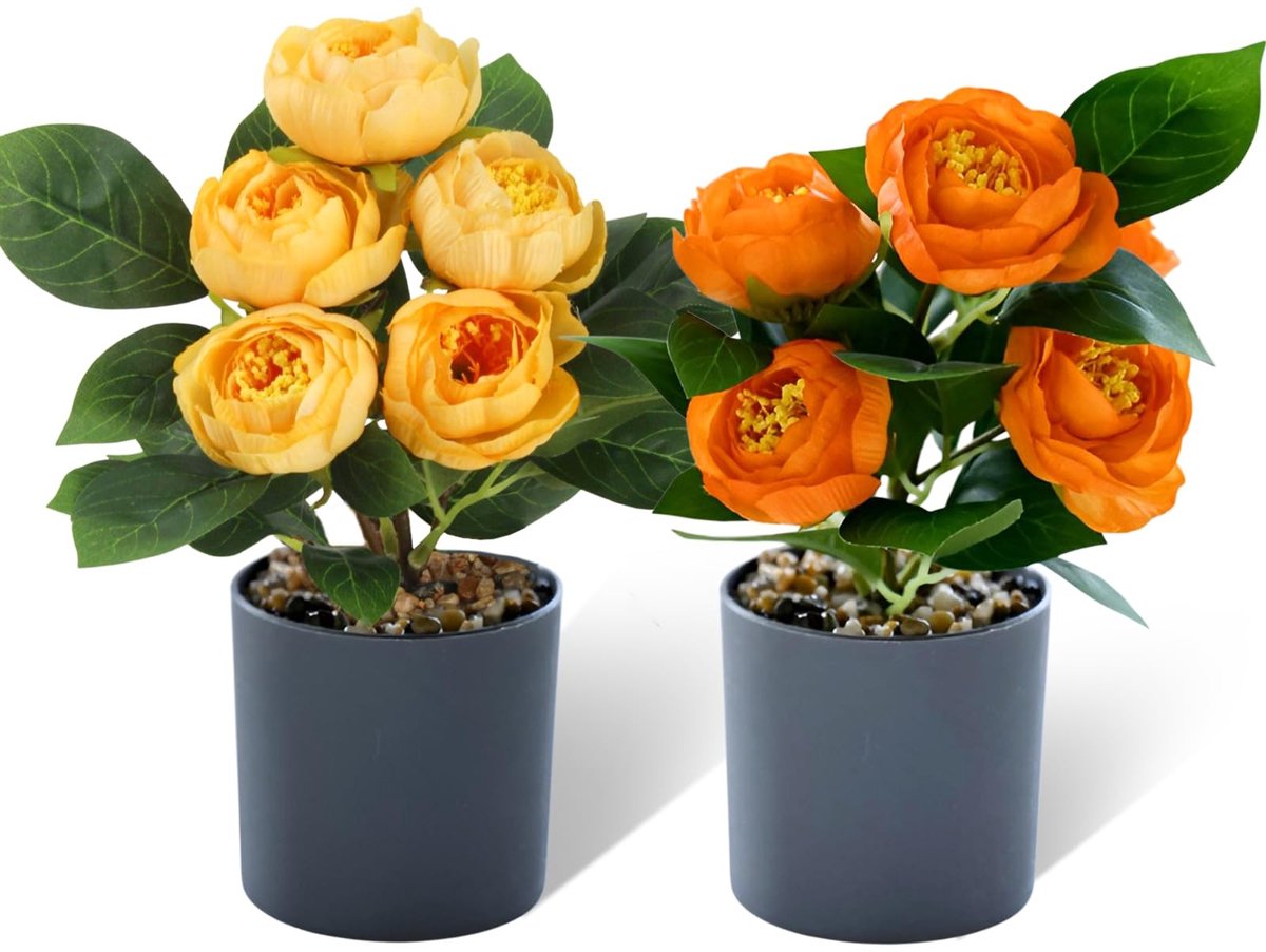 Dailygoods - YUE QIN 2 stuks camelia kunstbloemen in pot, kunstplanten als echte kunstplan