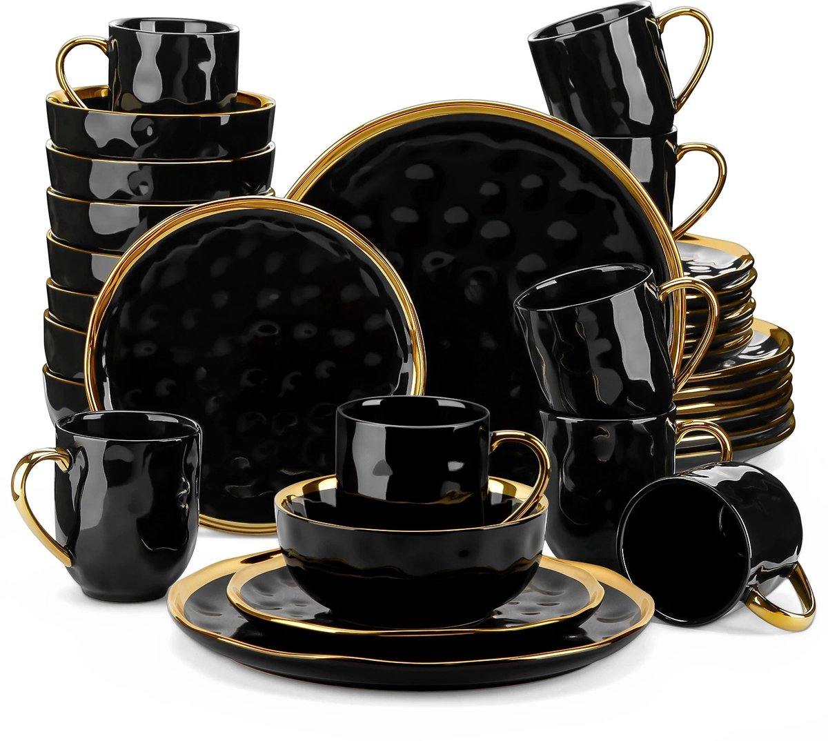 Home & Beyond® 16-Delige Serviesset Zwart met Gouden Rand - Porseleinen Servies voor 4 Personen - Inclusief Dinerborden, Ontbijtborden, Kommen & Mokken - Vaatwasserbestendig