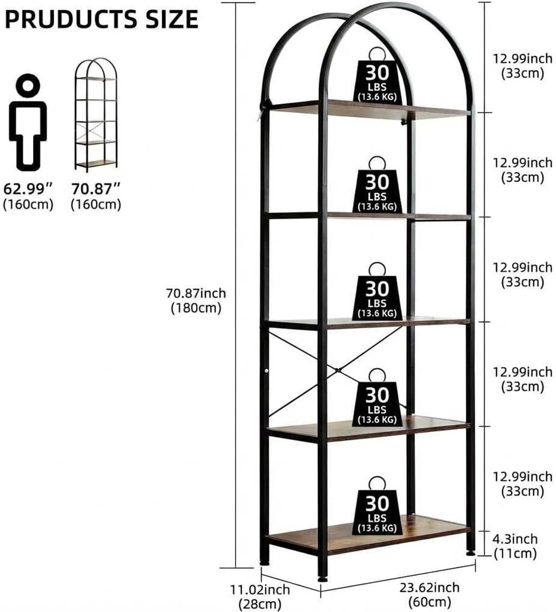 5-laags boekenplank- display rek van metaal en hout- industriële stijl- vrijstaand- voor slaapkamer- woonkamer- thuiskantoor- vintage bruin