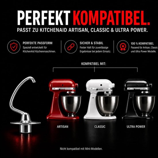 Kneedhaak Keukenmachine - Deeghaak Mixer - Deeg Maken - Roestvrij Staal - 4.3L 4.7L 4.8L - Zilver — afbeelding 2
