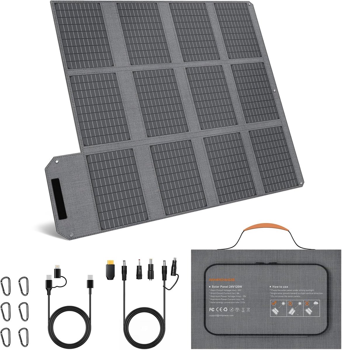 SnelShoppen - 120 W Draagbaar Zonnepaneel, 19 V Opvouwbare Zonne-oplader met USB C, USB A en DC-uitgangen, IP65 Water- en Stofdicht, Voor Draagbare Po
