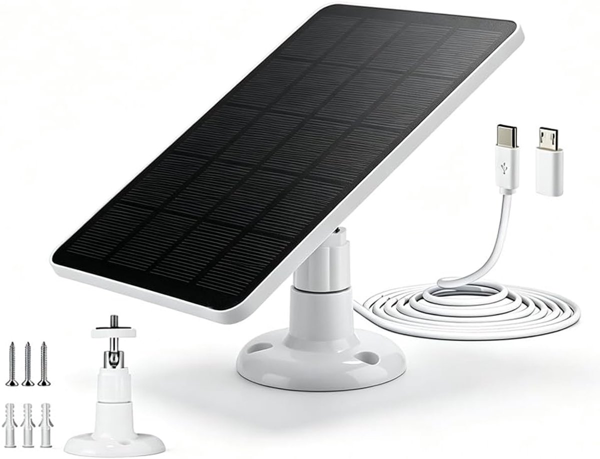 SnelShoppen - Udbrud Zonnepaneel 3W voor Bewakingscamera, 6V Zonne-oplader met Micro USB & USB-C, 360 Graden Verstelbare Beugel, IP65 Waterdicht, Buit