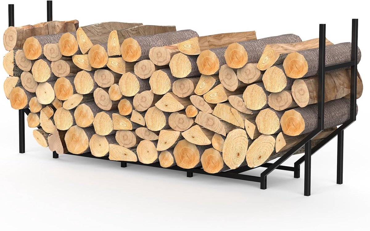 SnelShoppen - Metalen haardhoutrek voor buiten, 180 x 32 x 77,5 cm, zwart, haardhouthak, stapelhulp, tuinaccessoire, vuurplaats, open haard, houtopsla