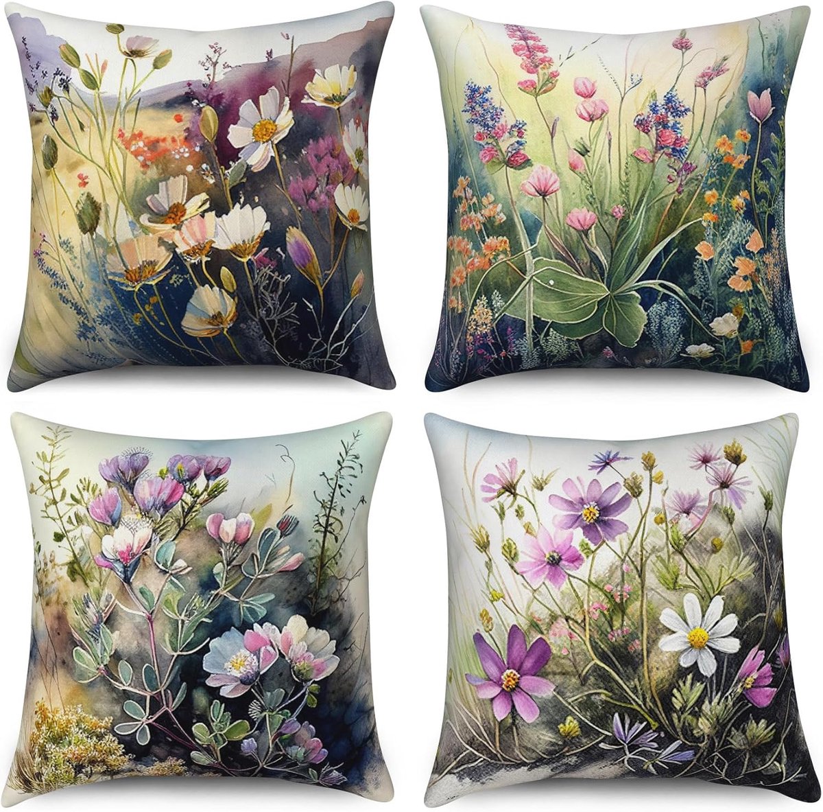SnelShoppen - Kussensloop Retro Bloemen Set van 4, 40 x 40 cm, Olieverfschilderij, Wasbaar Polyester, Vlas Textiel, Sofakussen, Sierkussen, Outdoor Be