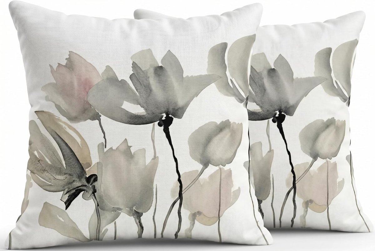 SnelShoppen - Set van 2 kussenslopen 40 x 40 cm, abstracte bankkussens inktbloemen, vintage grijs, decoratieve kussenhoezen van polyester en linnen vo