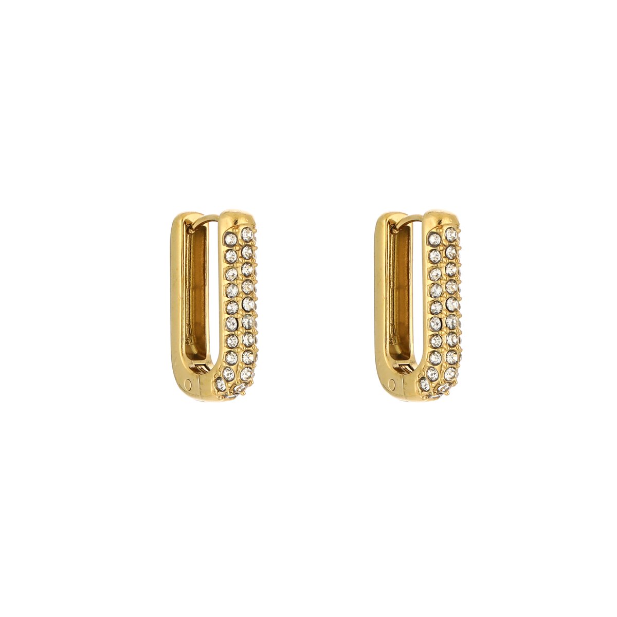 Stainless Steel Chunky Rectangular Oval Pavé Zirconia Huggie Hoops – Luxe Rechthoekige Pavé Zirkonia Scharnier Oorringen – RVS - Goud