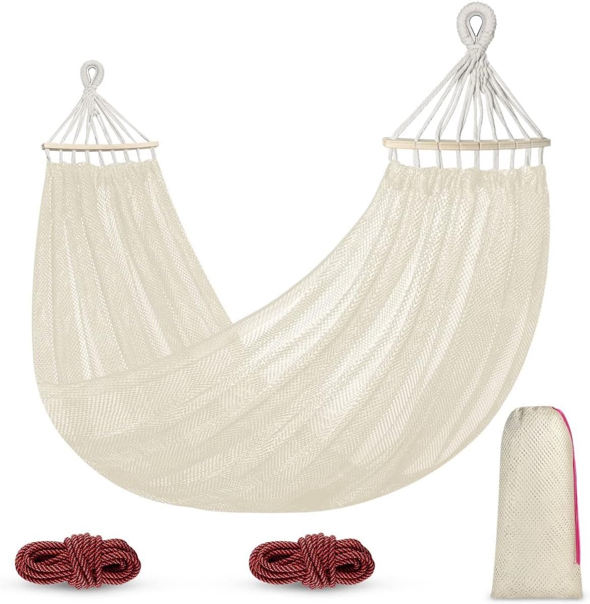 SnelShoppen - Campinghangmat Outdoor Ademend Nylon Nethangmat met Houten Stangen en Draagtas 290 cm x 150 cm Wit voor Camping Strand Tuin en Buitenact