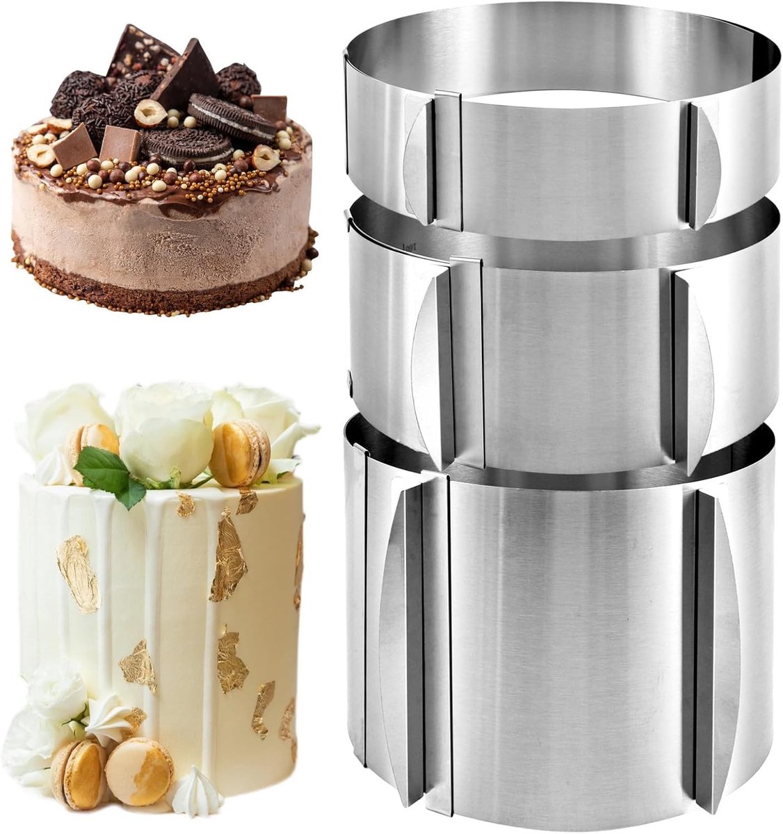SnelShoppen - 3 Stuks Verstelbare Taartring, Hoogte 5 cm, 8 cm, 15 cm, Roestvrij Stalen Bakring, Verstelbaar Ø 16-30 cm, Ronde Bakvorm, Taartring met