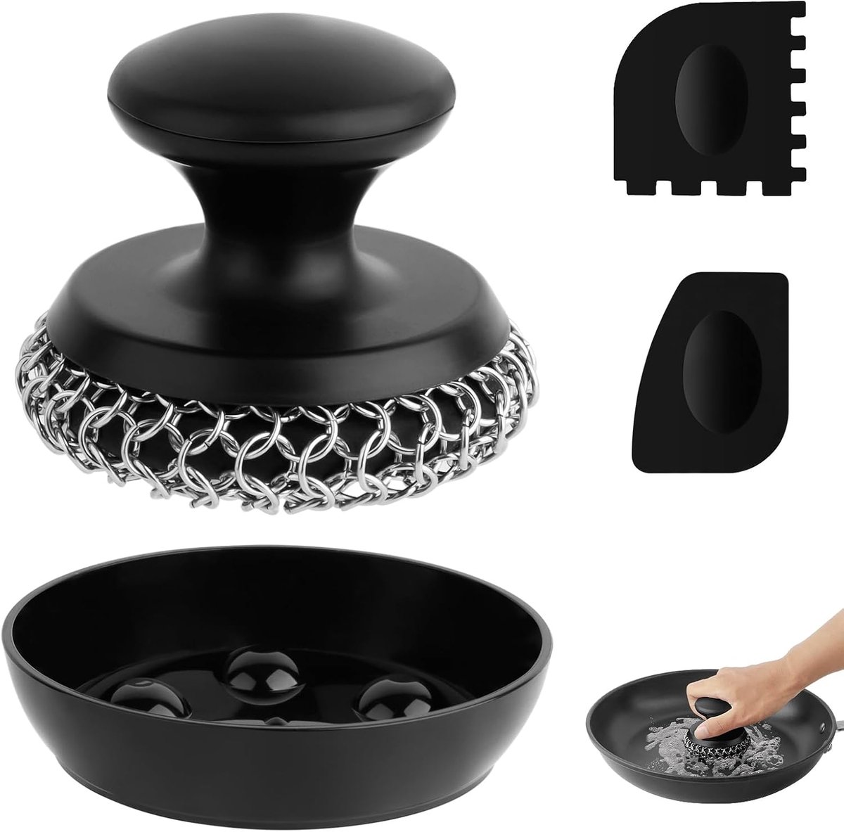 1 x schrobber voor gietijzeren pannen, met 2 schrapers, kettinghemd en pannenreiniger voor het reinigen van gietijzeren pannen, braadpannen, potten, grillplaten, kookgerei (1 stuk, Coarse