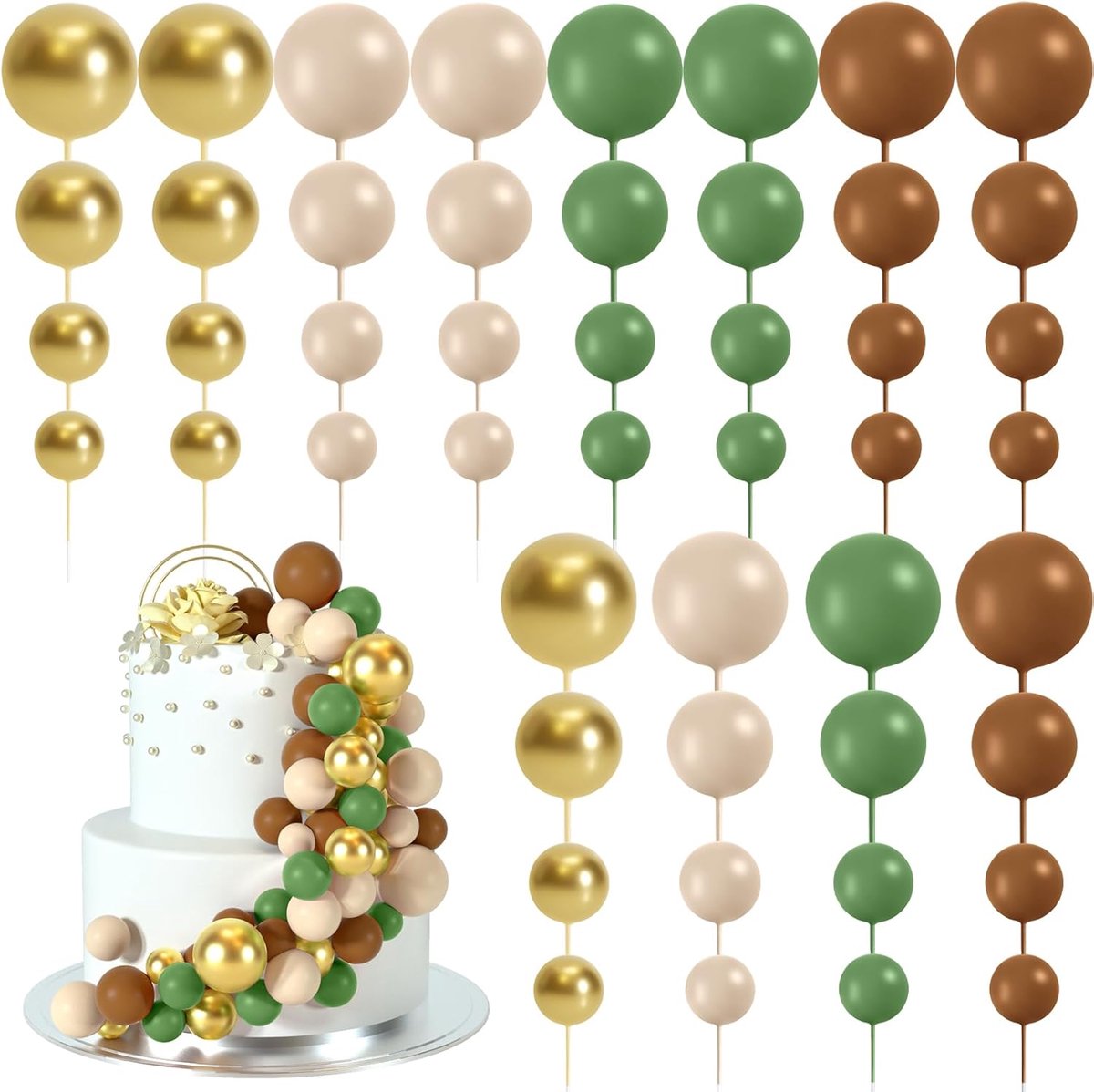 48 stuks taartdecoratie, taarttoppers, taartdecoratie, ballon, cupcake, taarttoppers voor verjaardag, feest, bruiloft, babyshower, taartdecoratie (groen, bruin, wit, goud)