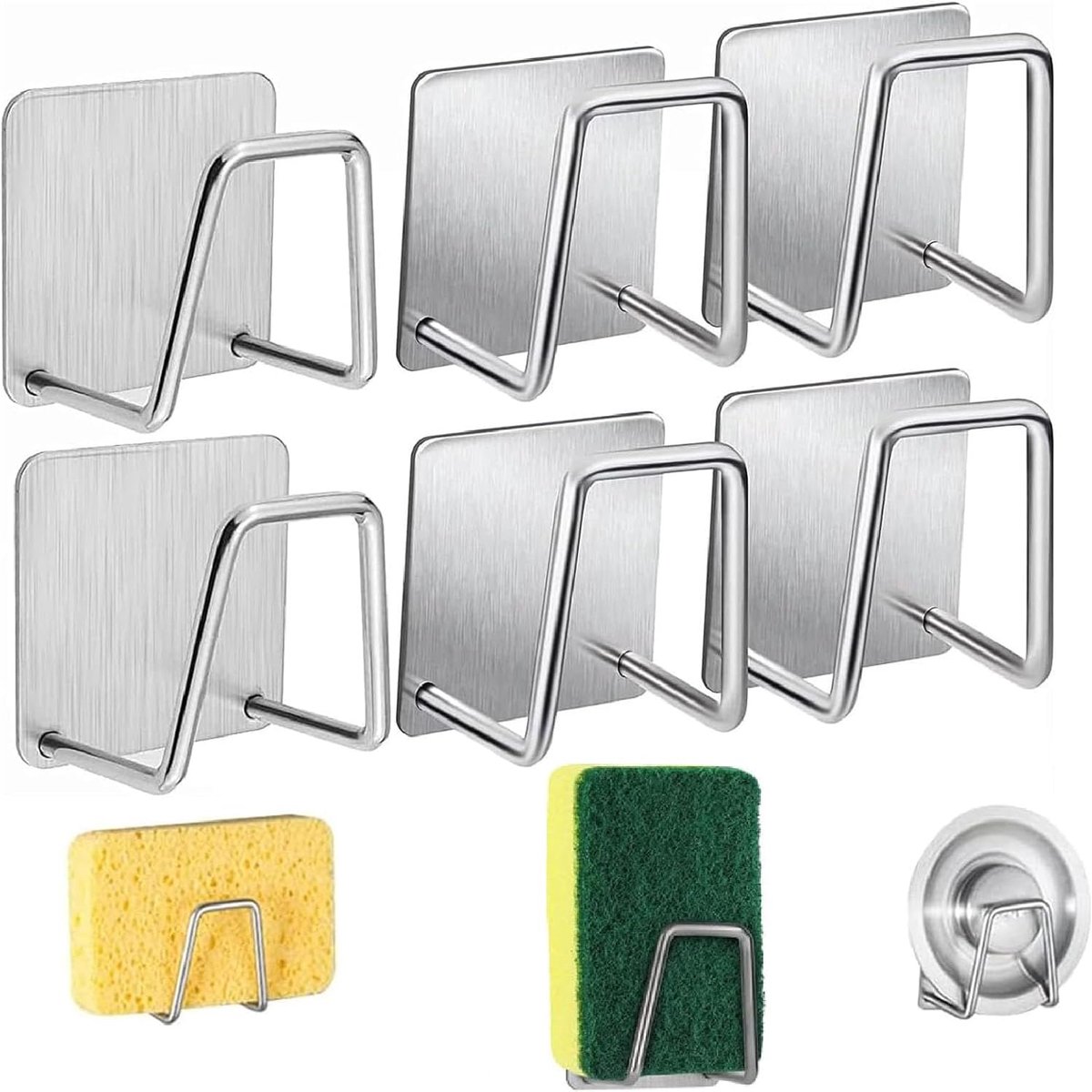 sponshouder, 6 stuks, sponshouders, roestvrijstalen sponsafvoerrek, zelfklevend sponsrek, zonder boren, voor keuken, badkamer, opslag