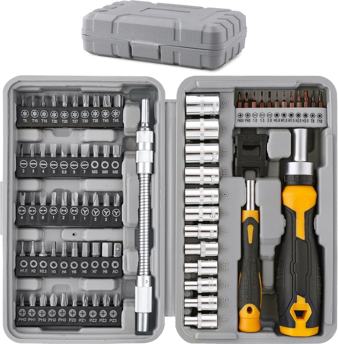 79-delige multi-schroevendraaier bitset en 1/4 inch dopsleutelset met handgrepen. Inclusief flexibele verleng-, precisie-, torx- en manipulatiebestendige accessoires in koffer