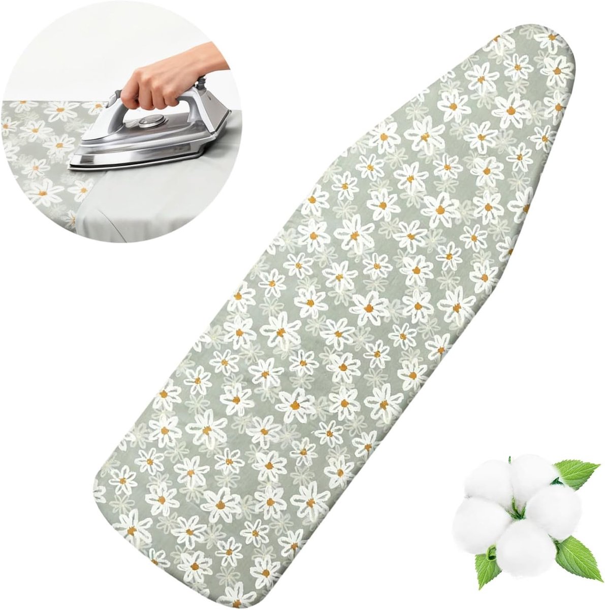 Strijkplankovertrek 117-125 x 37-45 cm, dikke katoenen bekleding, elastiek rondom, klittenbandsluitingen, geschikt voor strijkplanken, voor stoomstrijkijzers (groen madeliefje)