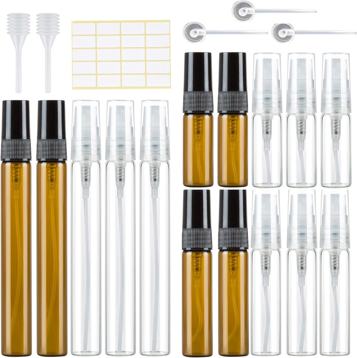 Verstuivers, lege spuitfles, glas, klein, om te vullen, mini-pompzakken, parfumflacon, navulbaar, parfummonsters voor op reis, 3 ml/5 ml/10 ml, transparante barnsteen met pipetten