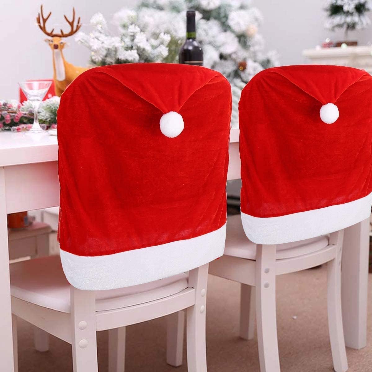 4st Rode Hoed Eetkamerstoel Slipcovers,Kerststoel Rughoezen Keuken Stoelhoezen voor Kerstvakantie Festival Decoratie