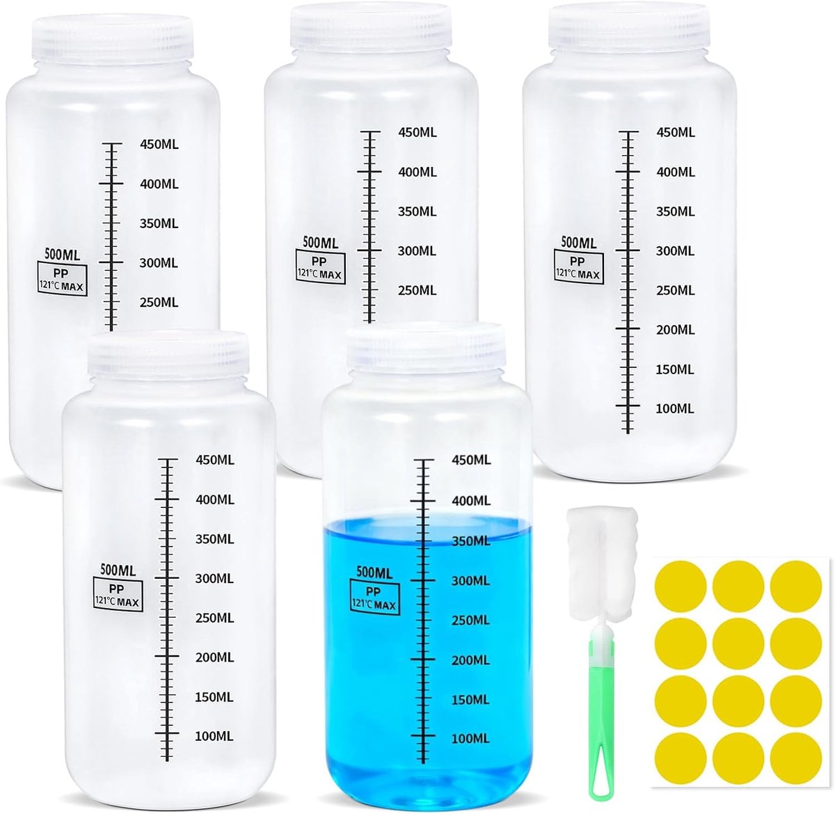 5 stuks flesjes met brede hals, 500 ml, laboratoriumfles met schaalverdeling, plastic flessen met etikettenstickers en flessenborstel, kunststof fles, watermonsterflessen