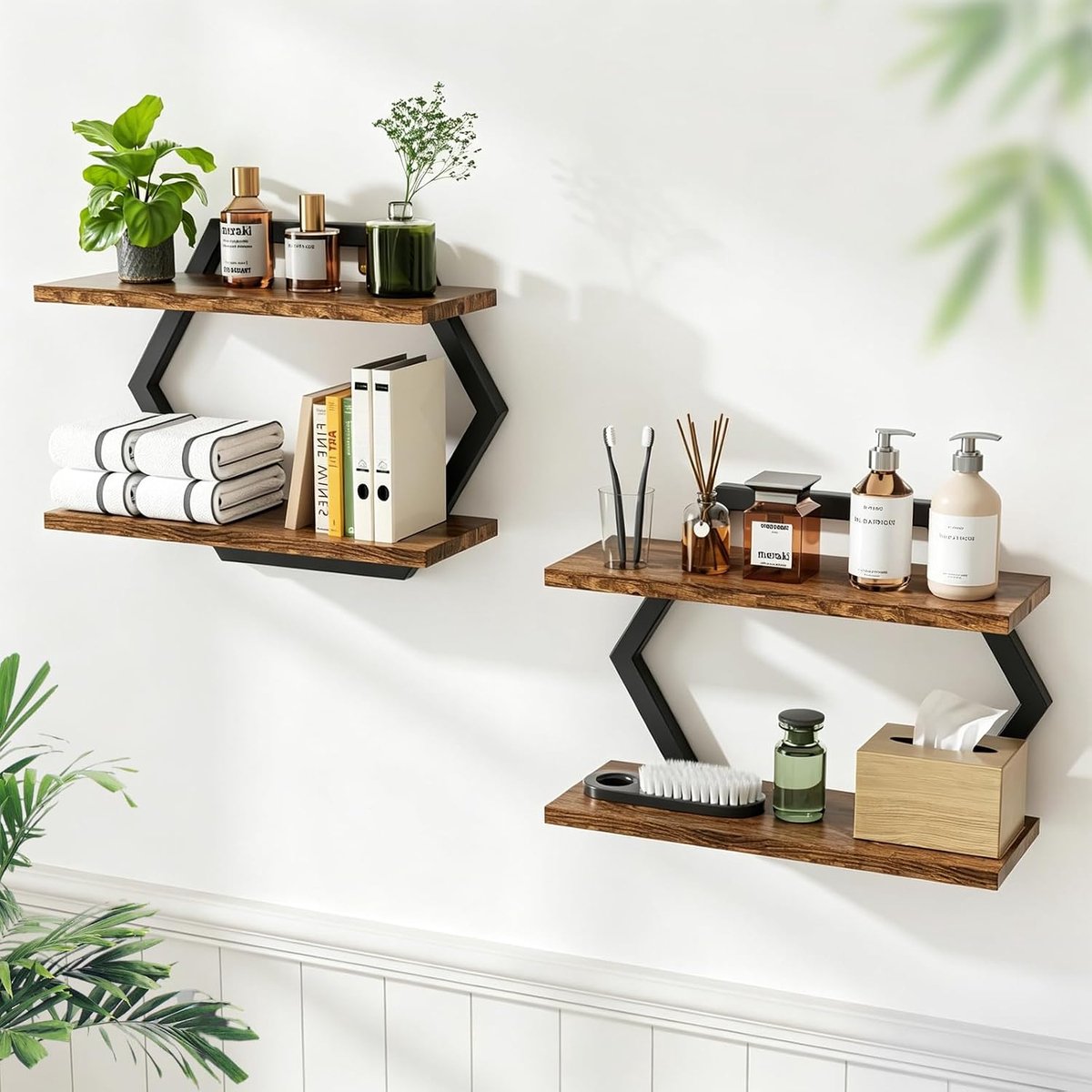 Set van 2 wandplanken, hout en metaal, hangende plantenstandaard, decoratief wandrek, fotolijst, interieurdecoratie voor woonkamer, thuis, kantoor, massief hout (zwart zeshoek)