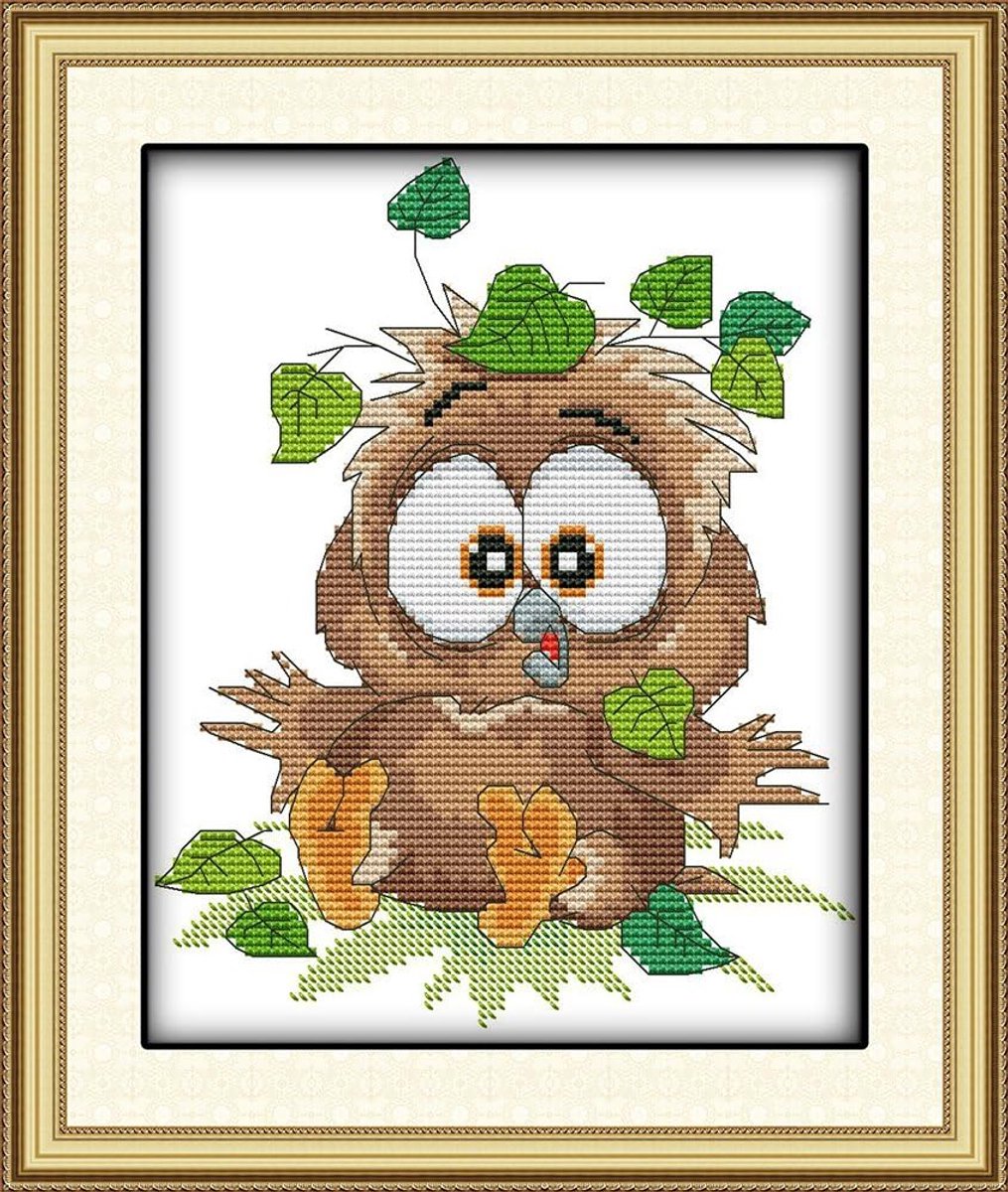 Borduurpakket Met Gestempelde Kruissteek, Complete Lijn van Voorgedrukte Starterspakketten Voor Beginners - Baby uil 24 x 32 cm