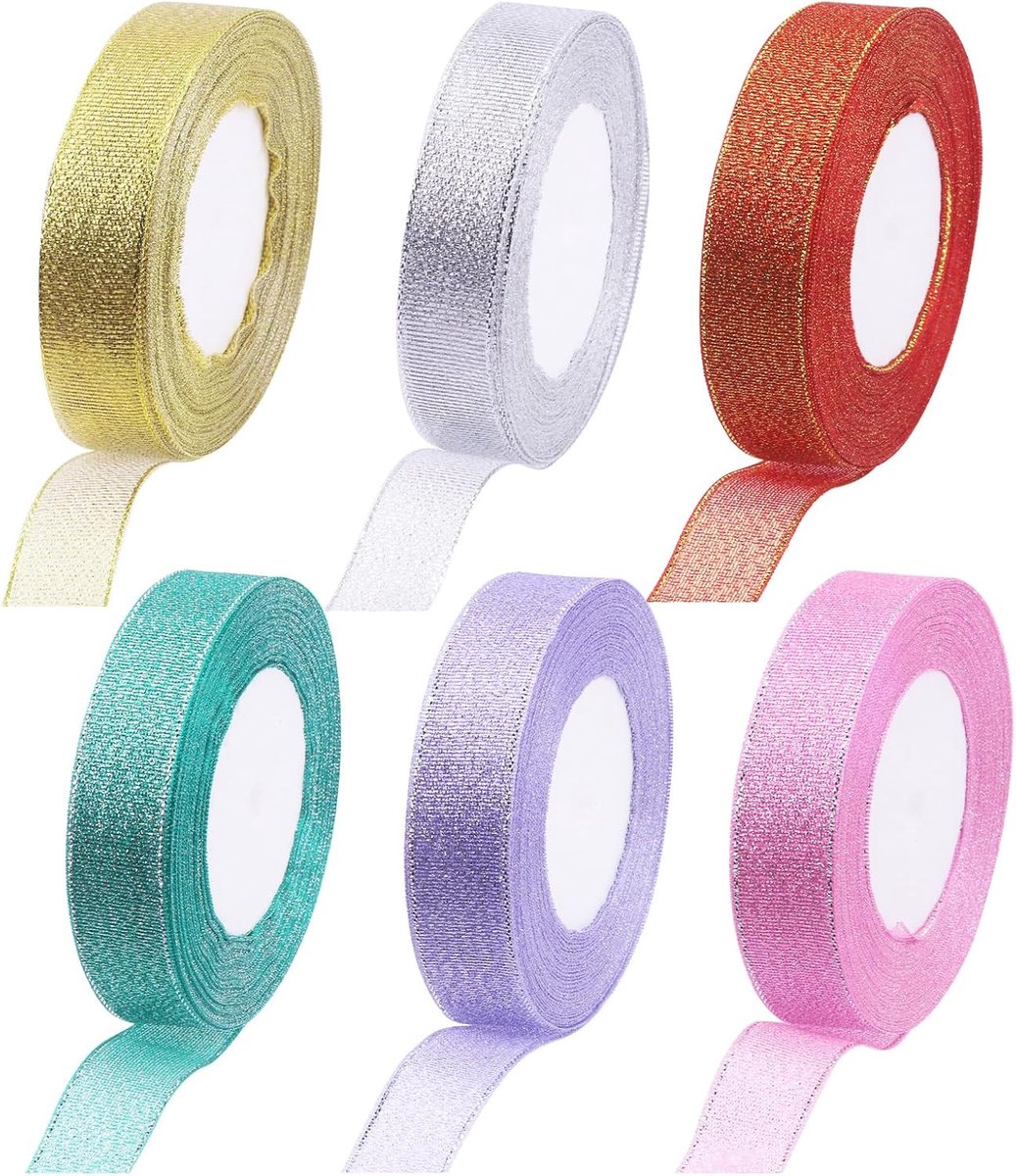 Linten assortiment kit 6 kleuren elk 4/5 inch x 25 yards glitterlint voor geschenkverpakking Kerstmis verjaardag bruiloft feest decoratie (2 cm x 22,5 m)