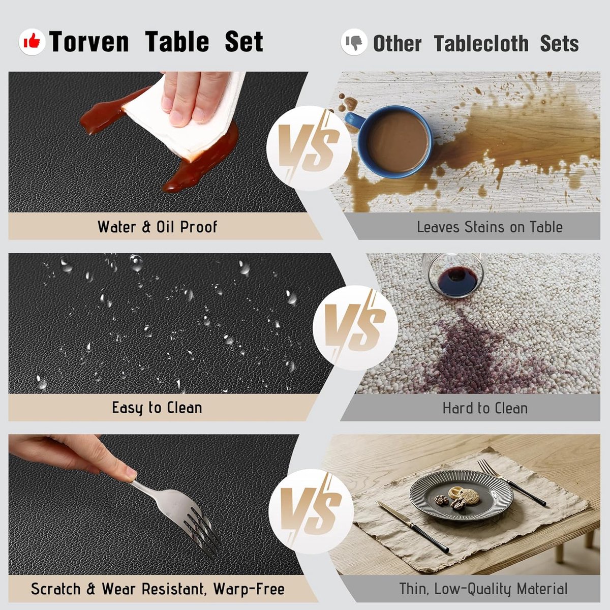 Set van 6 afwasbaar, onderzetters, rechthoekige placemats, afwasbaar, waterdicht en antislip, dubbelzijdige lederlook voor keuken, eetkamer, kantoor (grijs-zwart)