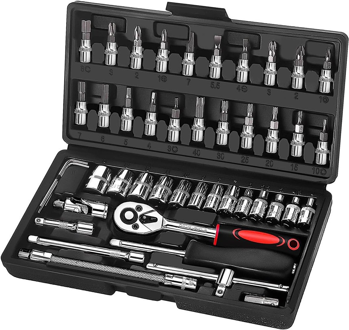 SnelShoppen - 46 Stuks Ratel- en Steeksleutelset, Verchroomde Gereedschapskoffer, Maat 1/4 Inch, Geschikt voor Fietsen en Auto's, Compleet Gereedschap