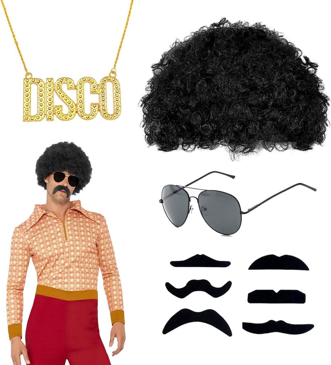 Hippie Kostuum Set voor Mannen met 9 Stukken, Inclusief Peruk en Accessoires voor 70s en 80s Feestjes, Halloween en Cosplay