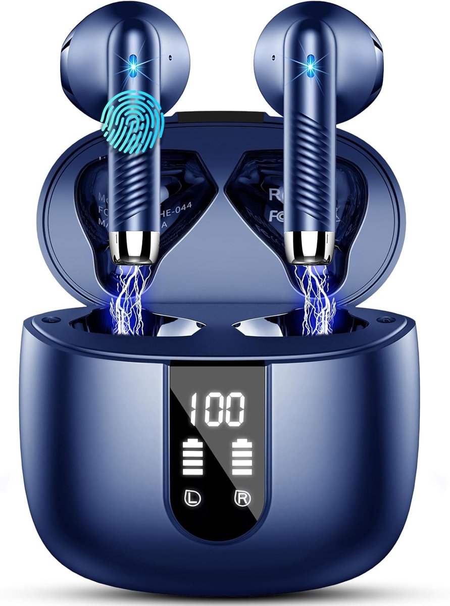 SnelShoppen - Draadloze Bluetooth hoofdtelefoon in-ear met 4 microfoons, ENC Noise Cancelling, 48U diepe bas, IP7 waterdichte oortjes voor sport, reiz