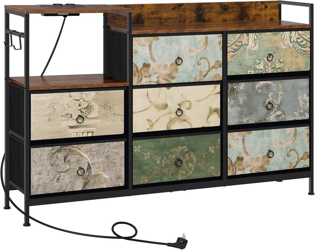 SureDeal® - Ladekast - 8 lade - Stopcontacten - Metalen - Hout gebaseerd materiaal - Vintage bloemmotief - 132x30x88 cm - Rustiek bruin