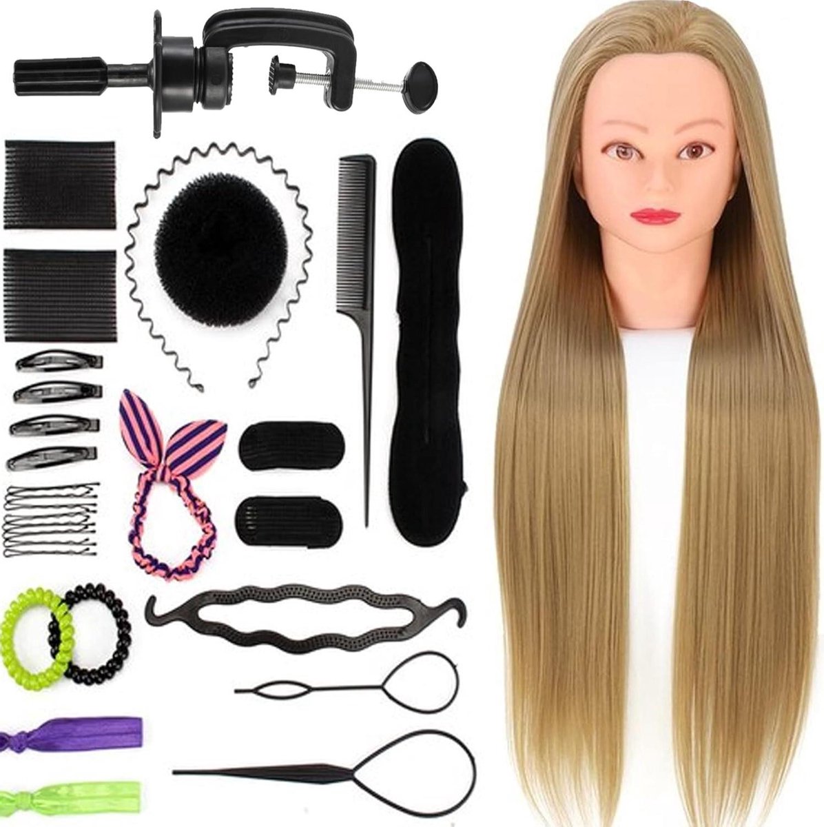 Oefenhoofd met Statief - Kappershoofd Oefenpop - Haar Stylen Leren - Inclusief Styling Accessoires - 80 cm Blond Haar - Blond