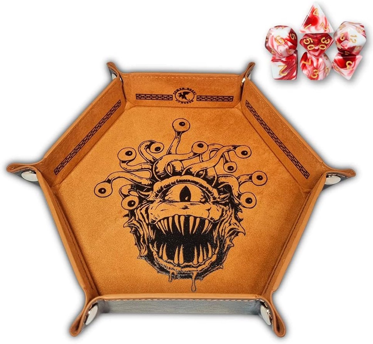 SnelShoppen - Power Beast Dungeon Dobbelbordhouder met Kunstleer, 7 Polyedrische Dobbelstenen, Kubusonderlegger, Kubusschaal, Dungeons and Dragons, D&