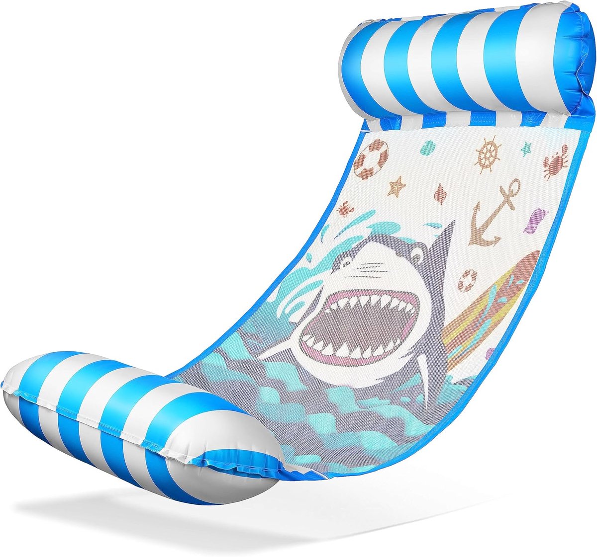 – Opblaasbare waterhangmat, luchtmatras met 2 luchtkamers & nylon net voor zwembad – Floatie watermatras relaxlieg voor volwassenen & kinderen – zomer zwembadaccessoire (Haai Blauw)