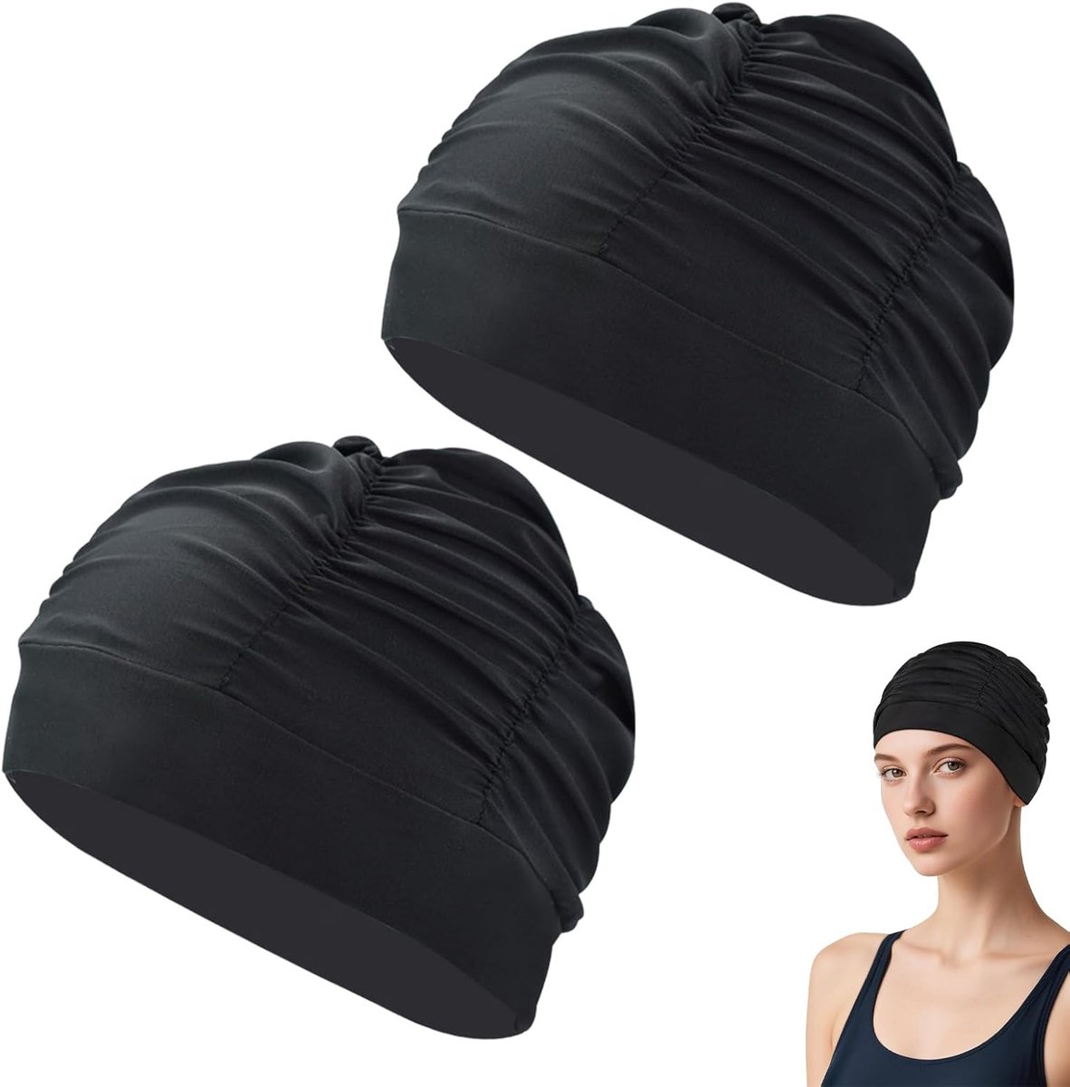 2 stuks badmuts voor dames, elastische polyester stof, zwemmuts, ademende badmuts, fashy stoffen badmuts, voor vrouwen, dik lang haar, zomer, indoorzwembad, strand, vakantie