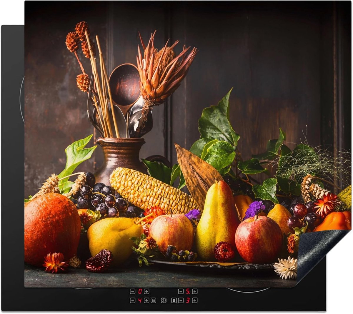 Inductie Beschermer 60x52 cm Keuken Decoratie Kookplaat Beschermer voor Inductiekookplaat Afdekplaat Anti Slip Mat - Groente - Fruit - Rustiek - Tafel