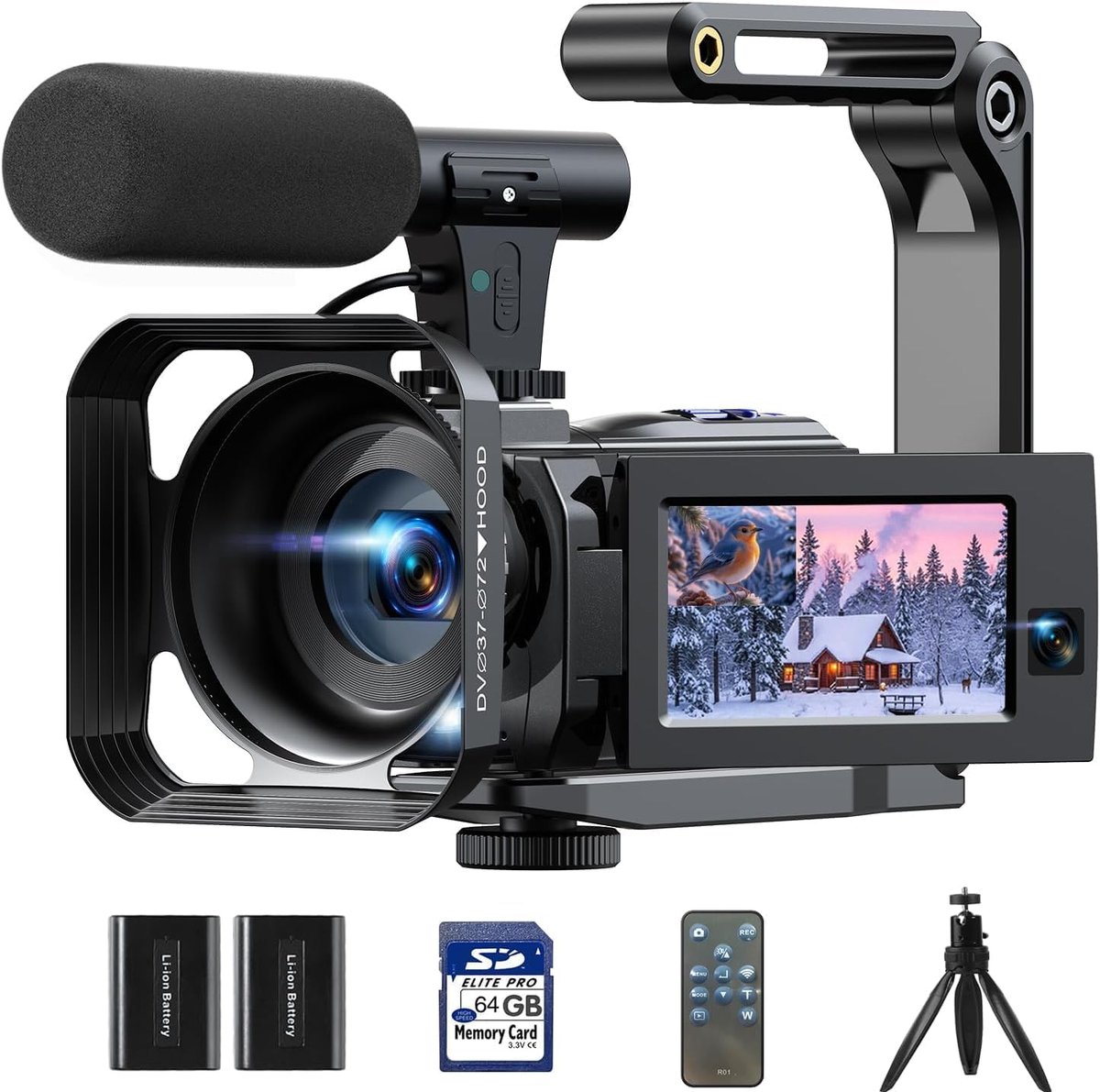 5K Videocamera Camcorder met Wifi, 56 MP Dubbele Lens, Vlogcamera voor YouTube met infrarood Nachtzicht, 16x Zoom, 3-inch Touchscreen, 2 Accu's, 64GB SD-kaart, afstandsbediening, microfoon