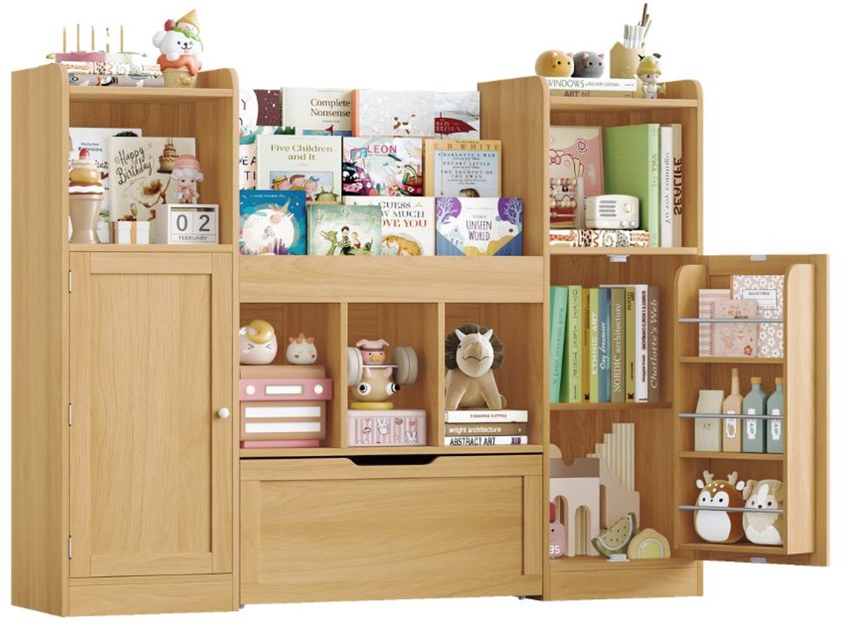 Speelgoed Opbergkast – Voor Kinderkamer & Speelkamer – Boekenkast met 3 Niveaus, Deuren & Lade met Wielen – Hout