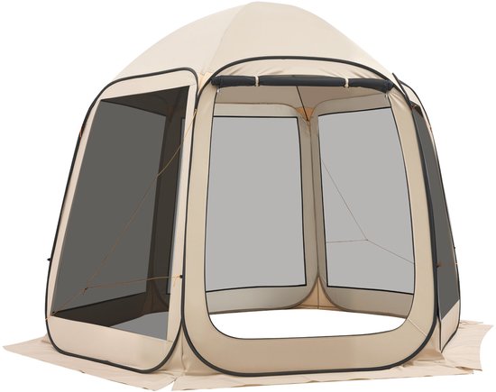 Pop-Up Tent 304,8 X 280,4 cm, Kampeertent voor 4-8 Personen, Partytent met Draagtas, Gaaswanden en Haringen, Geschikt voor Tuin, Terras en Buitenactiviteiten, Beige — afbeelding 2