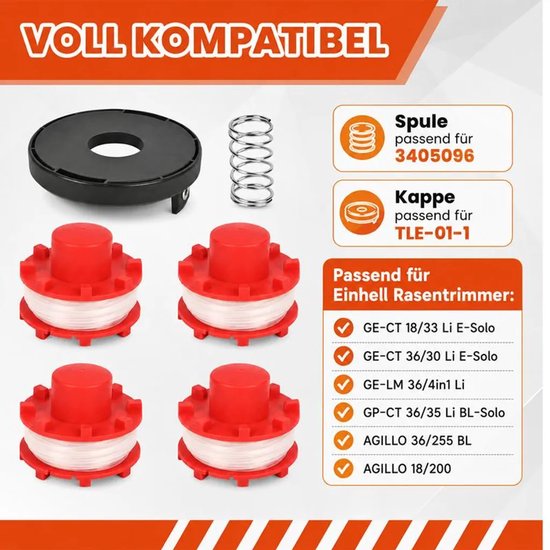 4+1+1 trimmer spoel- en dopset Geschikt voor Einhell CE-CT36/30 3405096, 2,0 mm x 8 meter nylon draad, met veer. — afbeelding 5