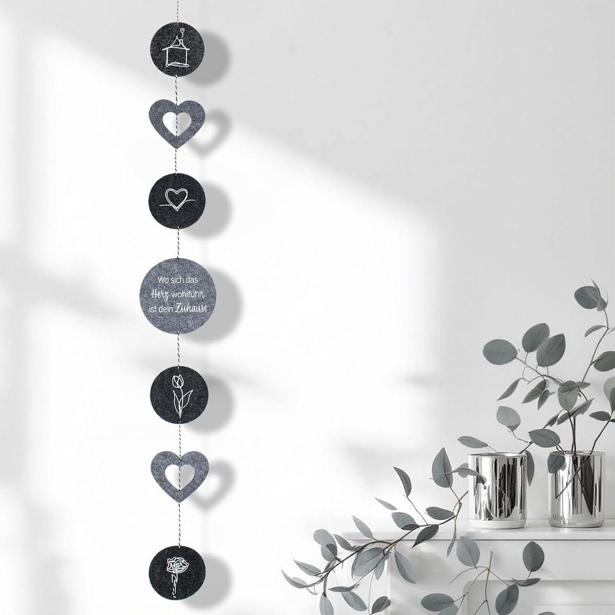 Vilten slinger met spreuk, motief 2-voudig gesorteerd, 145 cm, decoratieve vilt slinger om op te hangen, kamer- en raamdecoratie, windspel