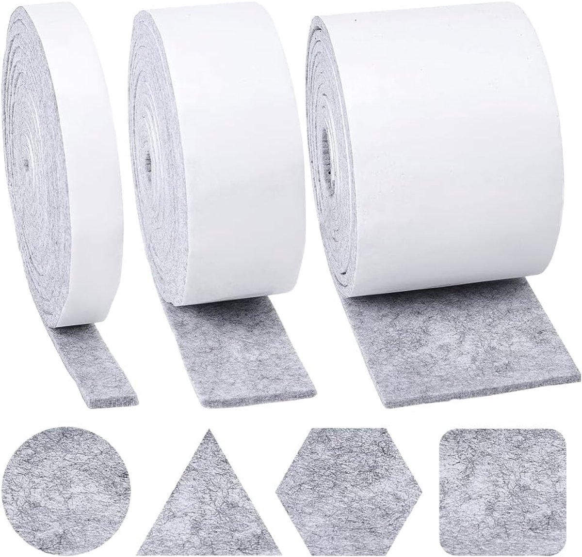 9 m zelfklevende vilten rol, 2/5/10 cm brede meubelvilten pads, 5 mm antislip zelfklevende viltstrips voor hardhouten vloeren, stoel- en tafelbeenbescherming, 3 m (9,8 ft) /rol, grijs