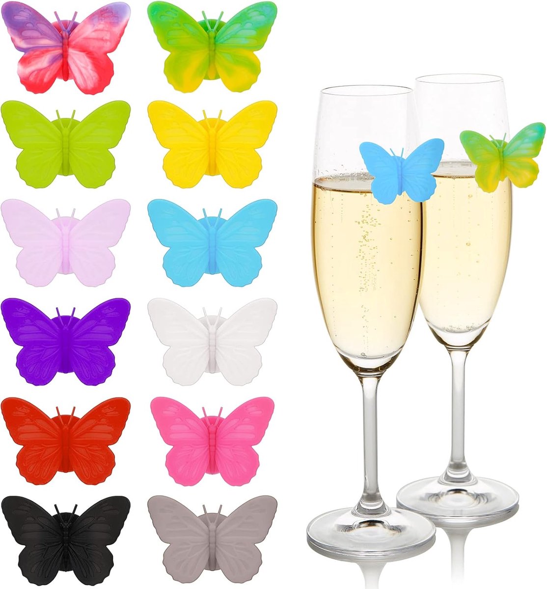Wijnglasmarkeerders, 12 stuks, glasmarkering, siliconen, wijndrinkmarker, wijnglas, hanger, glasmarker, wijnaccessoires, etiketten, vlinder, wijnglas, decoratie voor wijn, cocktail, champagne