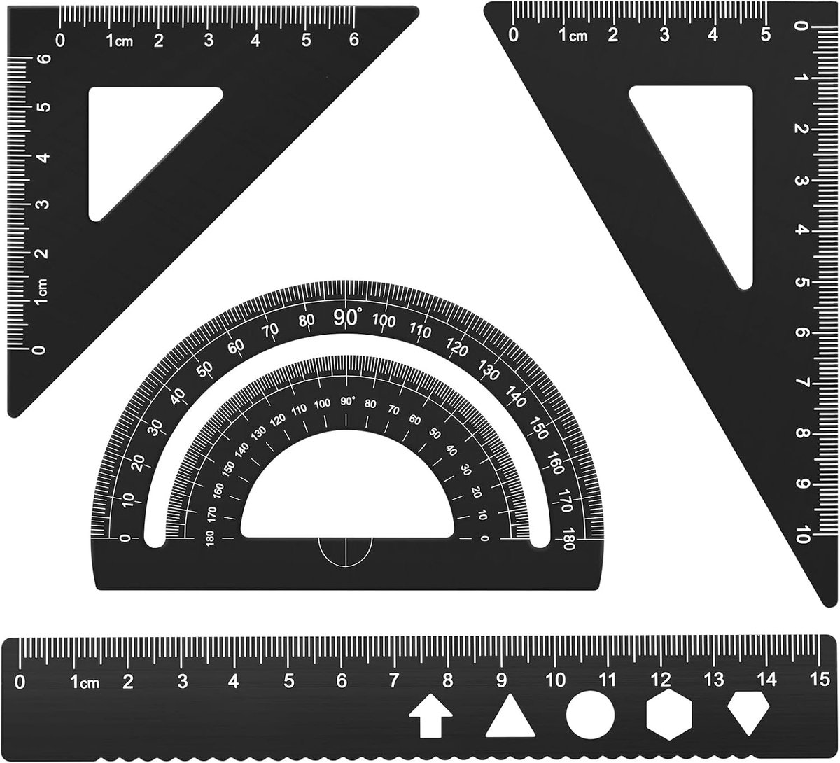 4 stuks wiskundeliniaalset, MSDADA geometrieset met gradenboog, 15 cm liniaal, winkelhaak, schoolbenodigdheden voor studenten, leraren, tekenaars meten & tekenen (zwart)