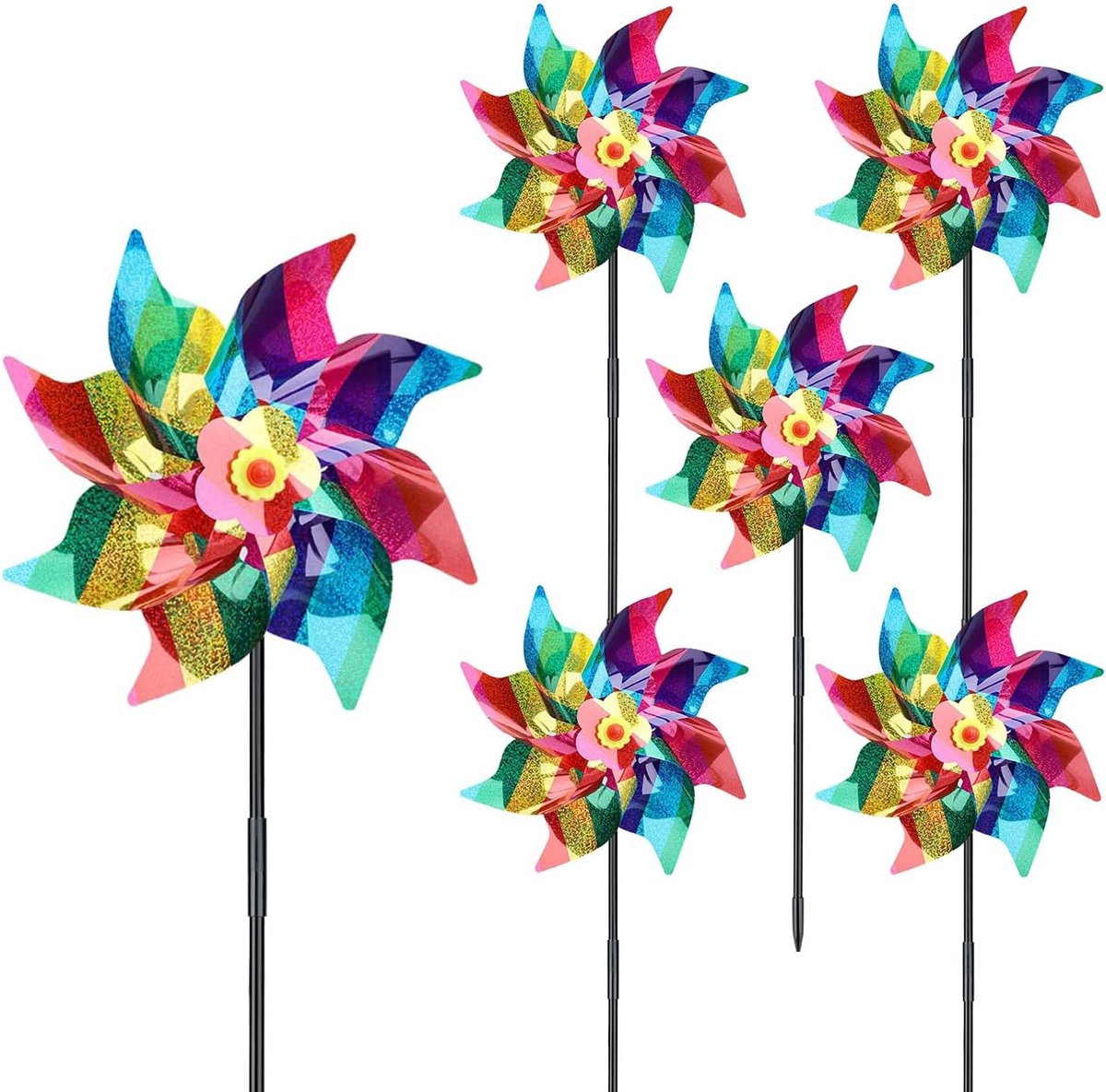 Vogelafweer-windmolens, 6 stuks, reflecterende windmolens, vogelverschrikker, vogelafweer, geschikt voor balkon, tuin, fruittuin, binnenplaats en dak (veelkleurig, diameter: 24 cm)