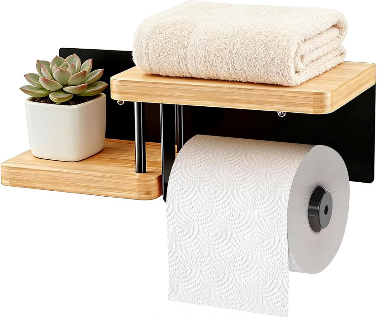 Toiletpapierhouder van hout bamboe, wc-rolhouder zonder boren, wc-rolhouder, papierhouder voor badkamer en keuken, montage door boren, met plank (zwart)