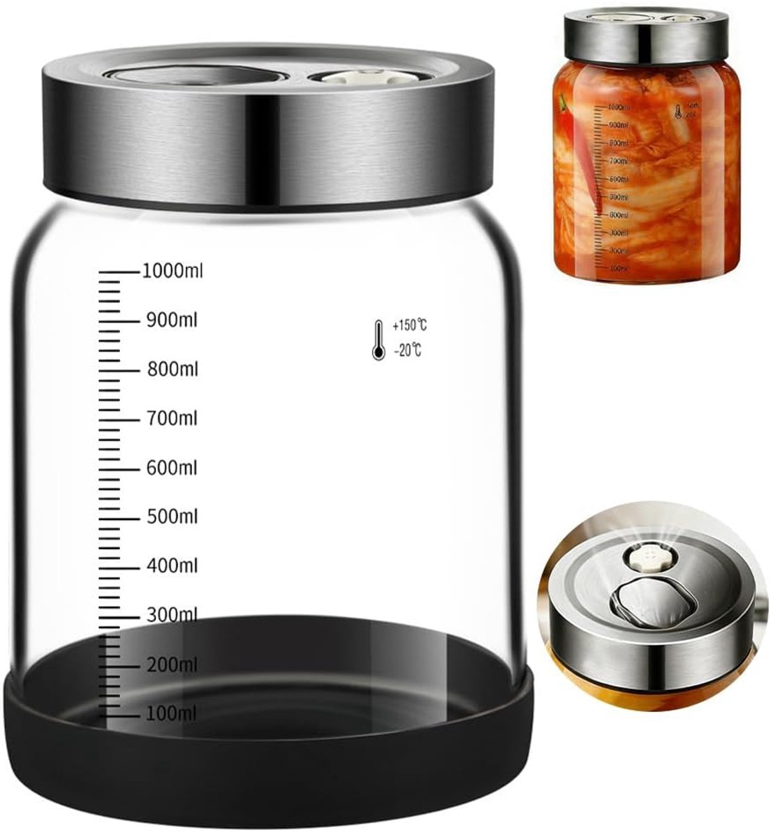 Fermenteerglas met deksel en schaal, 1 liter fermentatieglas, inmaakpot geschikt voor uitkoken, glazen fermentatieglazen met ontluchtingsventiel, fermentatieglas voor komkommer, zu