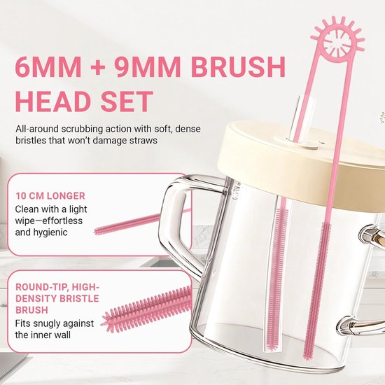 rietjesborstel, 2-in-1 dubbele borstel, rietjesborstels (6 mm + 9 mm), reinigingsborstel met buigbare stalen kern voor glazen rietjes, metalen rietjes, smoothierietjes en drinkbekers, roze — afbeelding 3