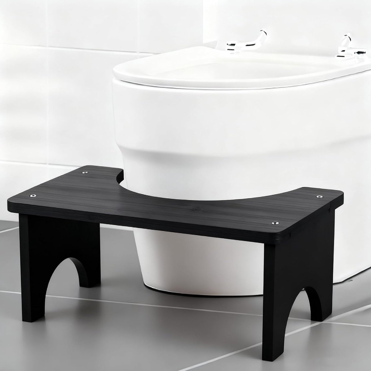 Toiletkruk van bamboehout, poef voor kinderen en volwassenen, wc-kruk, squatty potty, wc-kruk met 300 kg draagkracht, opstapkruk, wc-kruk voor verbeterde stoelgang, familie, zwart