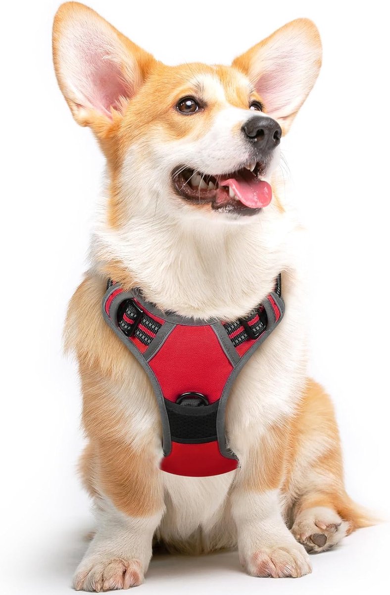 Hondentuig No Pull, Hondenharnas voor Middelgrote Honden, Verstelbare Harnas Hond met Reflecterend Strepen, Gewatteerd Zacht Ademend, Hondentuigje Anti-trek voor Wandelen Training, Rood M